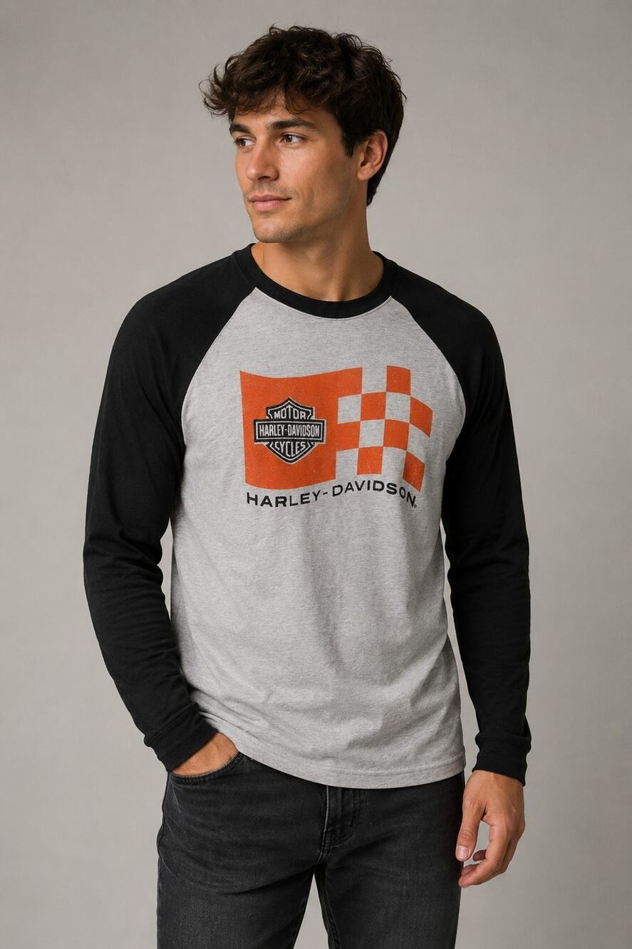 Harley-Davidson Men's XL Long Sleeve Raglan T-Shirt Gray Black Racing Flag Logo